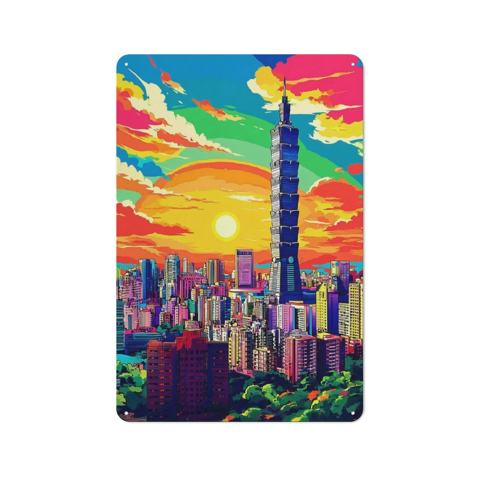 Junmoney Vibrant Cityscape With Rainbow Sky -1 Retro Metal Sign With Design 30X20cm, Distressed Look Retro Room Decor For Living Room, Hallway, Kitchen Or Cafe