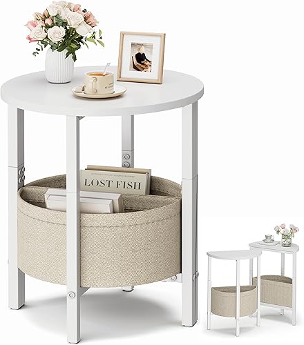 Vagusicc Mesa auxiliar, mesa auxiliar redonda pequeña, mesa de acento alta con cesta de almacenamiento, juego de 2 mesas de centro redondas media