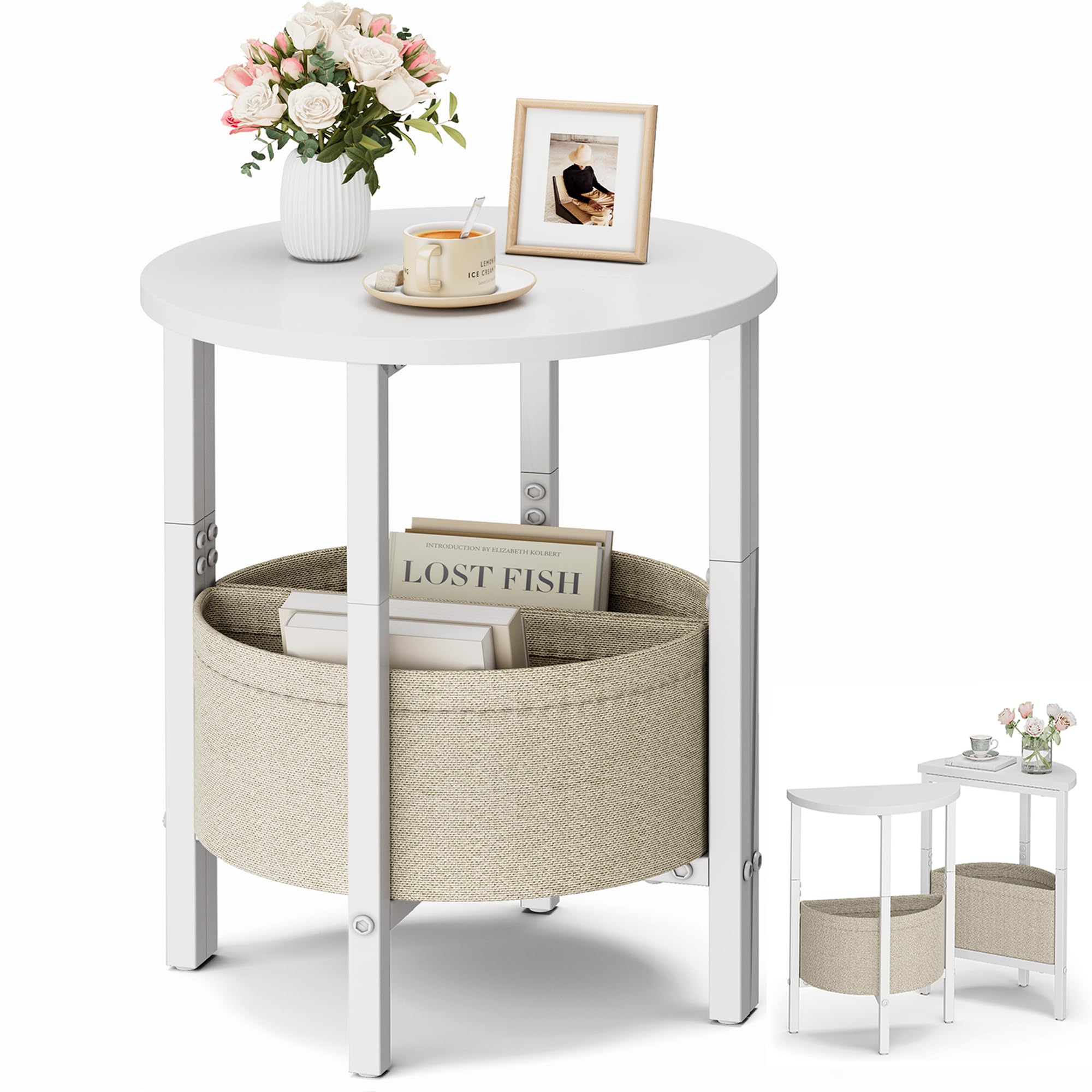 Vagusicc Side Table Small Round End Table Tall Accent Table with Storage Basket Set of 2 Half Round