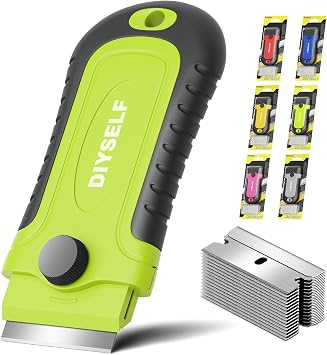 DIYSELF 1 Pack Razor Blade Scraper with 15 Extra Blades, Scraper Tool for Cleaning Window, Paint, Cooktop, Oven, Glass Stove Top Scraper, Razor Scraper with Buit-In Blade Storage Green