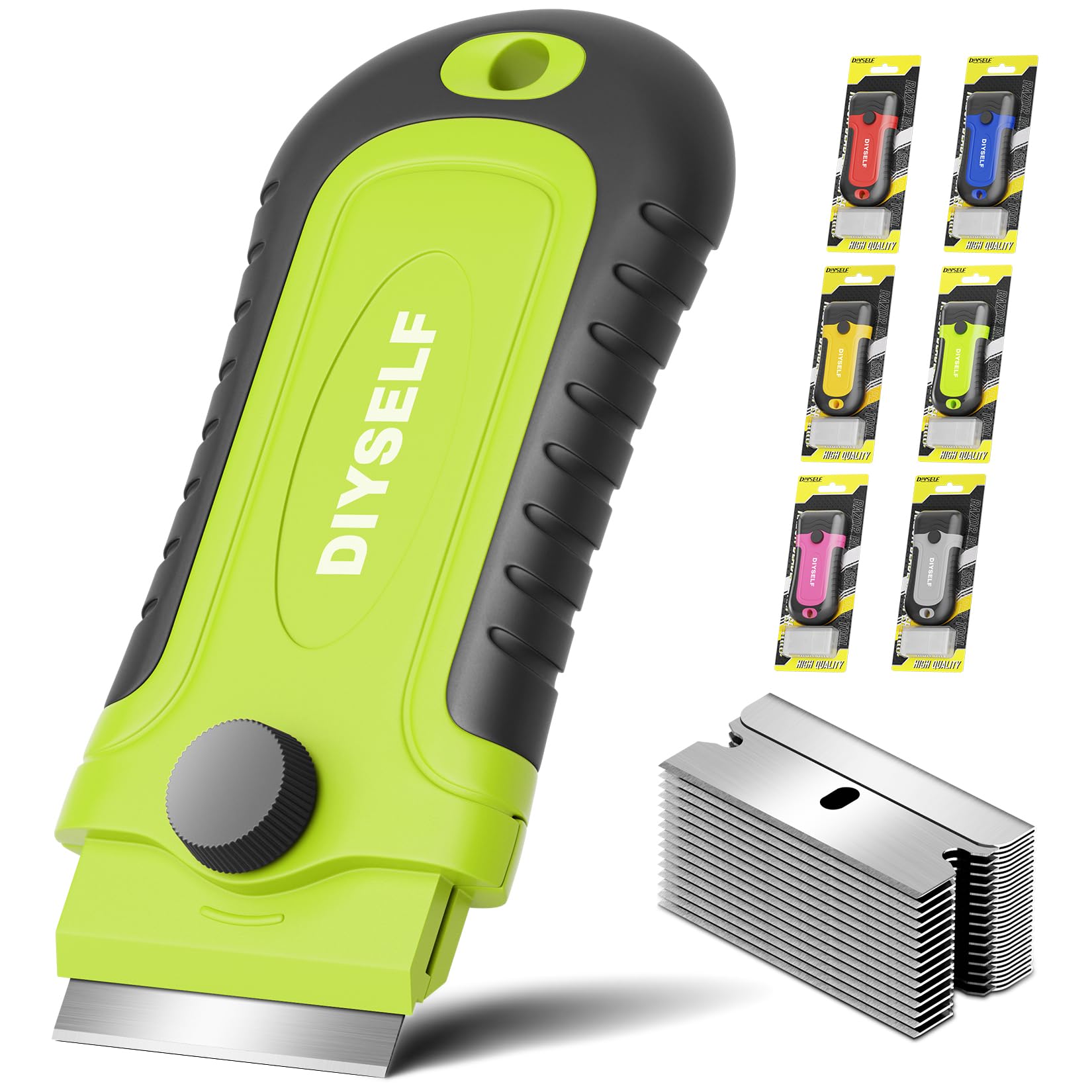DIYSELF 1 Pack Razor Blade Scraper with 15 Extra Blades, Scraper Tool for Cleaning Window, Paint, Cooktop, Oven, Glass Stove Top Scraper, Razor Scraper with Buit-In Blade Storage (Green)
