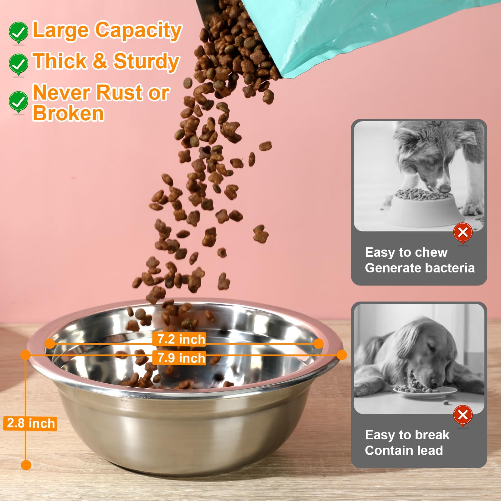 COMESOON Paquete de 2 cuencos de acero inoxidable de 8 pulgadas para perros de 50 onzas, cuencos de repuesto gruesos y duraderos para comida y agua, apto para soporte de cuenco para perros COMESOON