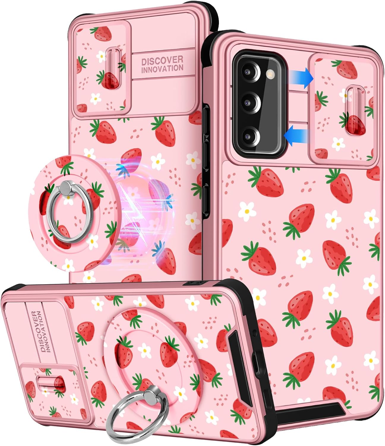 Buleens for Samsung Galaxy S20 FE Case 5G 6.5" - with Ring Stand & Camera Cover Aesthetic Cute Designed Women Girls Girly Pretty Strawberry for Galaxy S20 FE 5G Case Compatible with Magsafe Cute Strawberry for Samsung S20 FE
