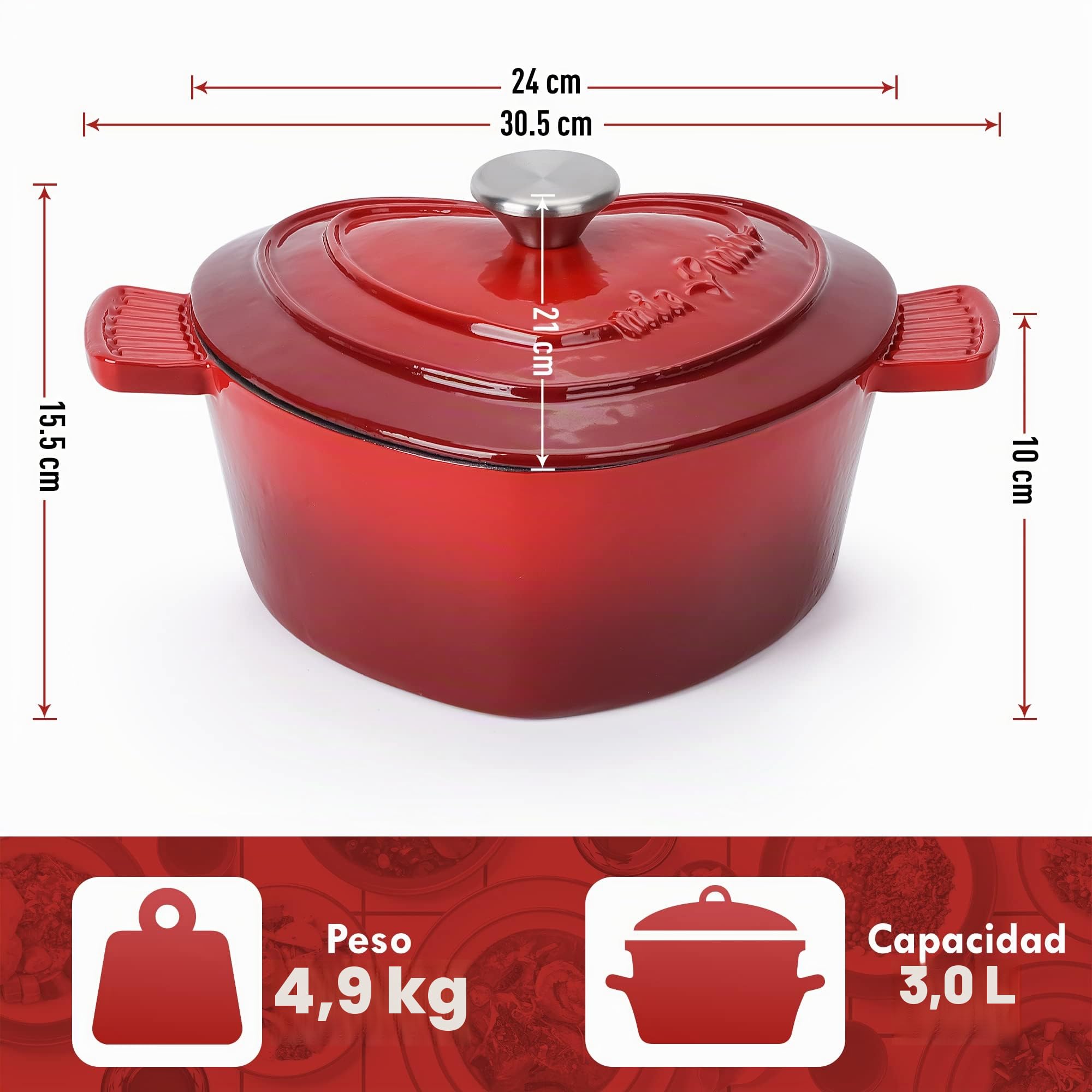 MIAMIO - Olla de hierro esmaltado (3 l), con tapa, corazón, Dutch oven | Olla de hierro fundido esmaltado apta para inducción y horno; Dutch oven con tapa, forma de corazón, regalo para Navidad
