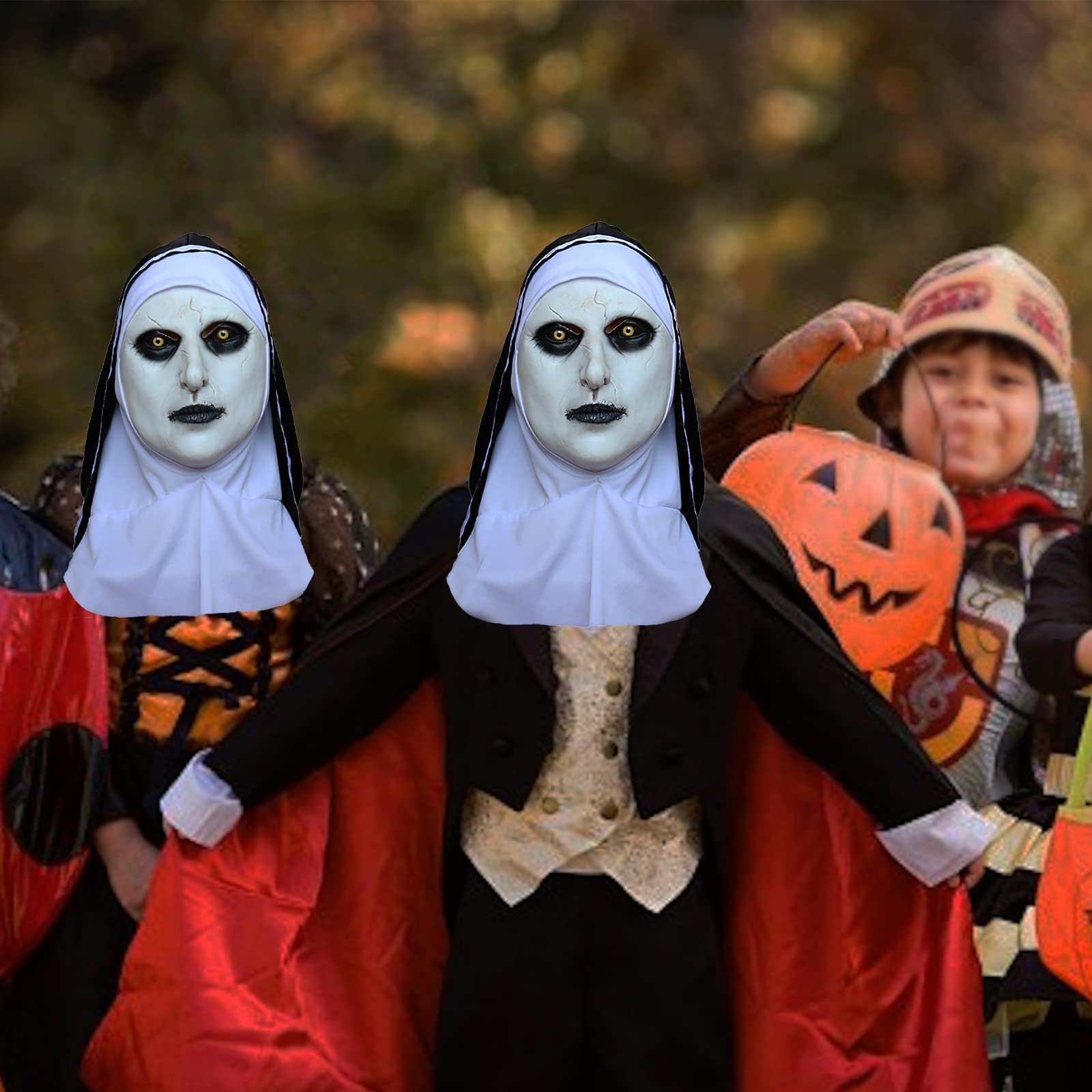 TIANHOO Maska zakonnicy, straszna lateksowa maska na Halloween, horror, maska na całą głowę, z chustą na głowę, zakonnica, przebranie, kostium cosplay, maski na Halloween, karnawał, przyjęcie,