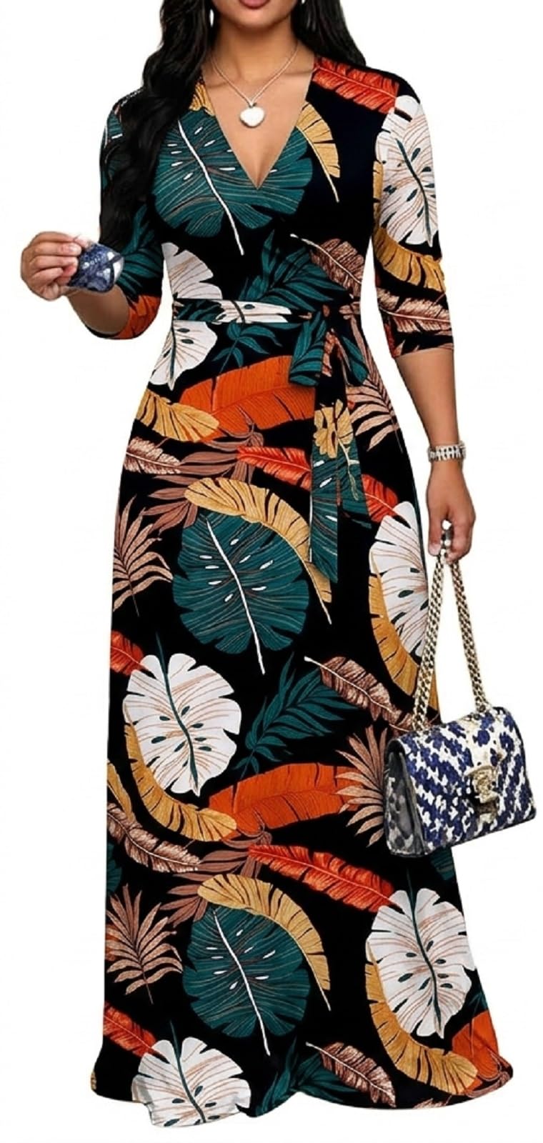 Women's Church Maxi Wrap V Neck 3/4 Sleeve Tie Waist Plus Size Long Dress