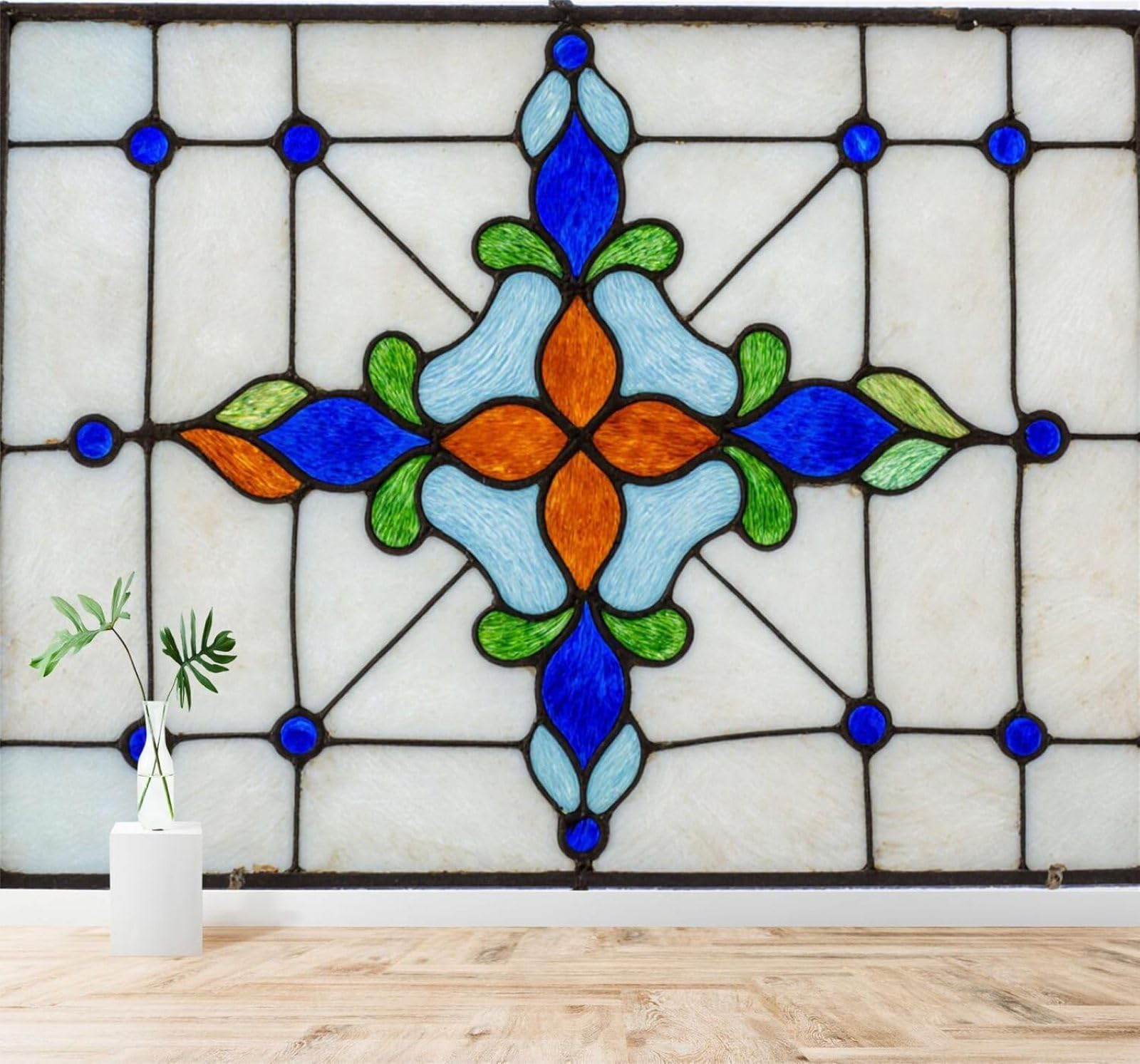 Xlming 350Cm×256Cm(B×H) Geometric Floral Pattern Teal Orange Stained Glass 3D Wallpaper Silky Texture Home Study Office Grey Dining Room Sofa Bedroom Living Room Tv Backdrop-350Cm×256Cm