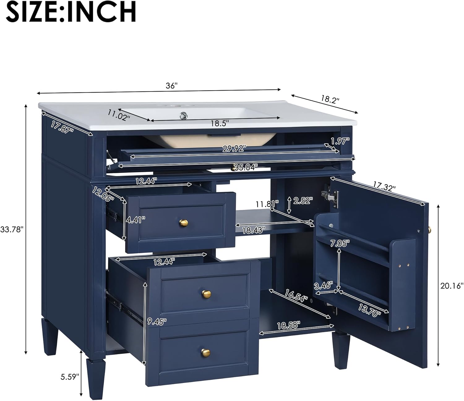 Diagram showing detailed dimensions of the 36-inch Virubi bathroom vanity, including width, depth, and height of various components.
