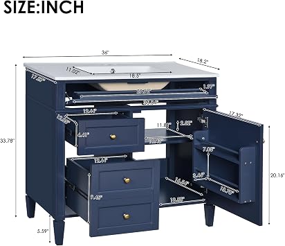 36 Inch Navy Blue Bathroom Vanity with Sink,Solid Wood Frame,Gold Knobs