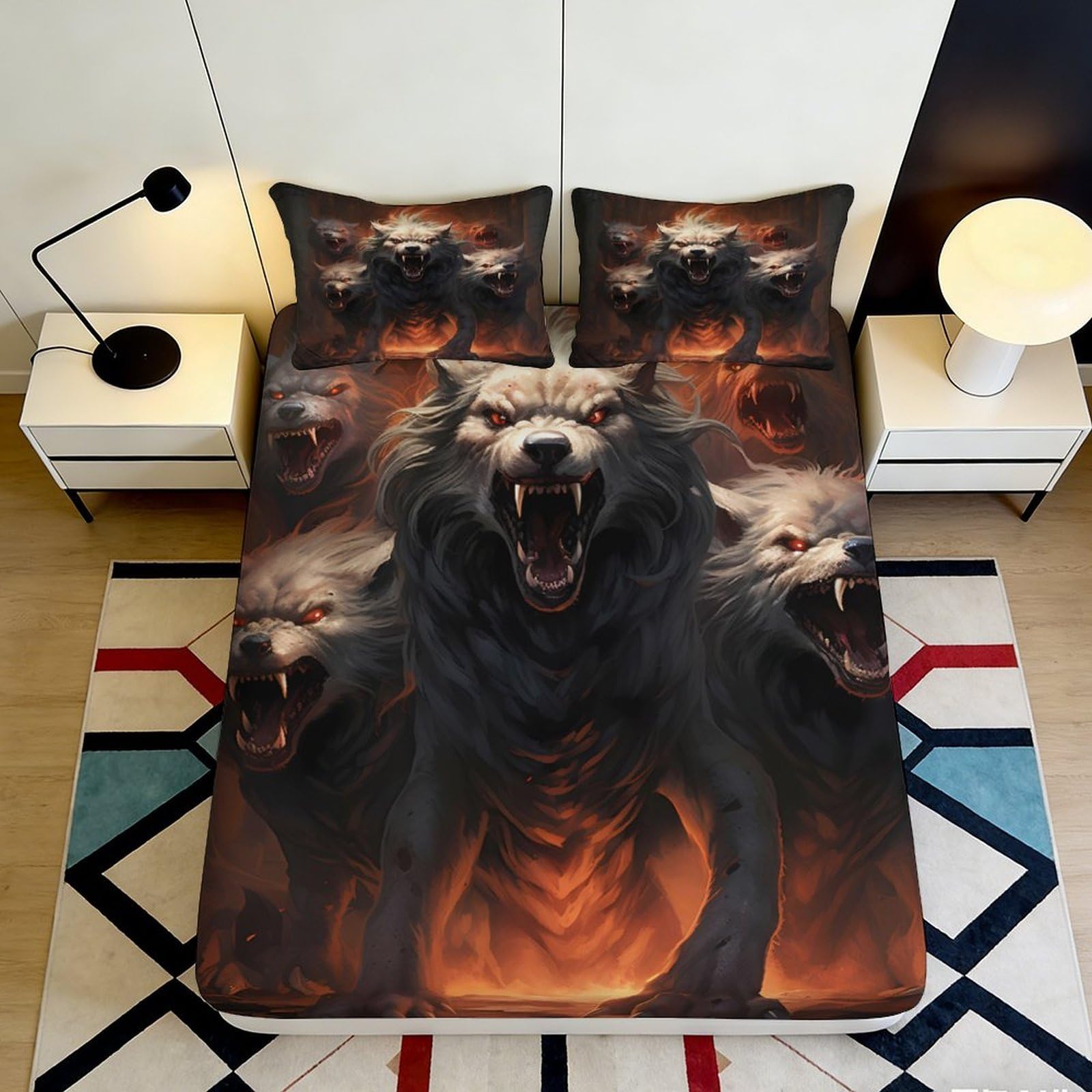 3D Printed Fierce Wolf Fitted Sheet Microfiber Durable Breathable Aggressive Beast Bed Cover for Bedroom Dorm Dormitory Guest Room Mattress Protection 160x200x25cm