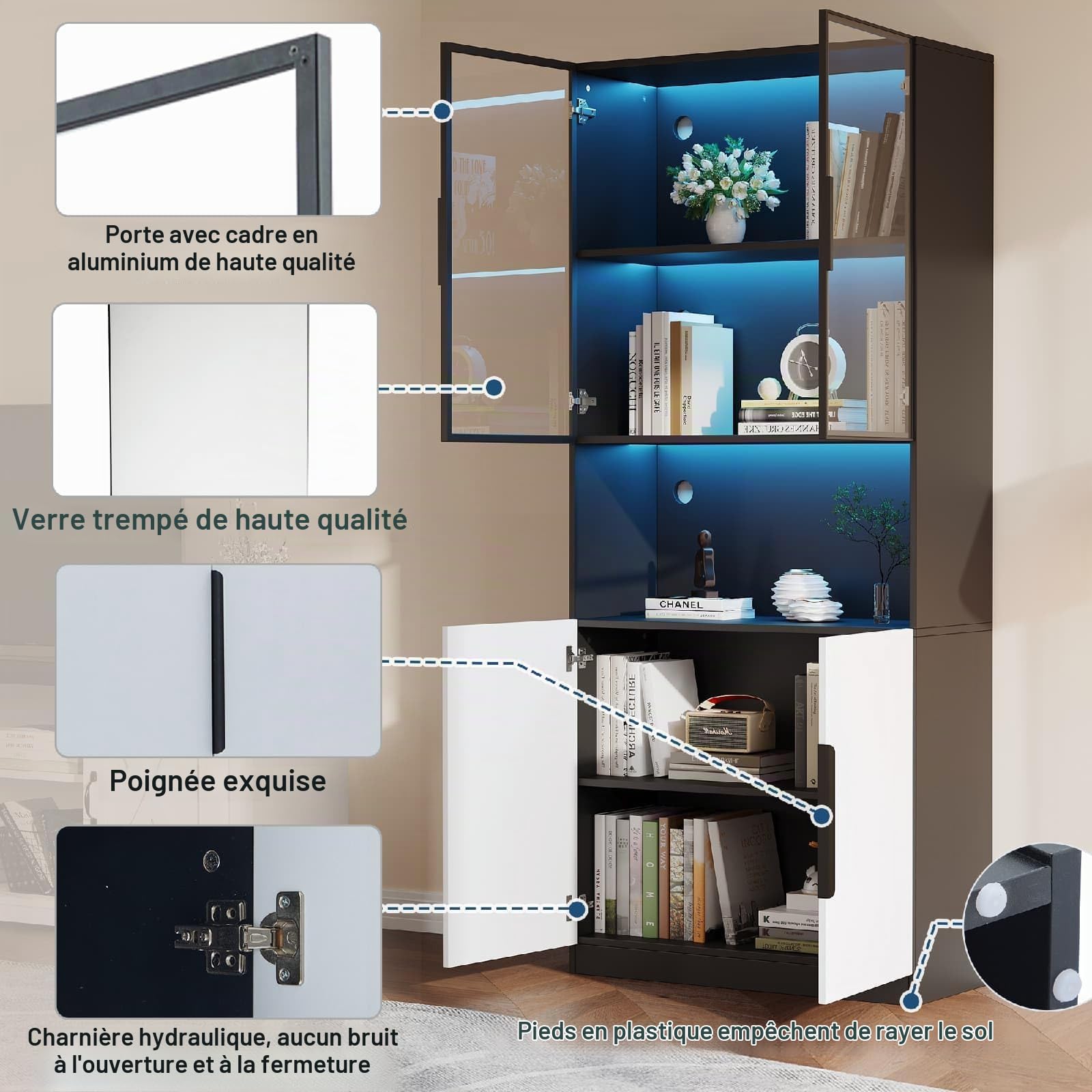 PUGSDRLY Minimalist Display Cabinet with Glass Doors, Display Cabinet with LED Lights, Bookcase, Modern Storage Furniture with Shelves for Kitchen, Living Room and Office 80 x 30 x 200 cm (A, 1)