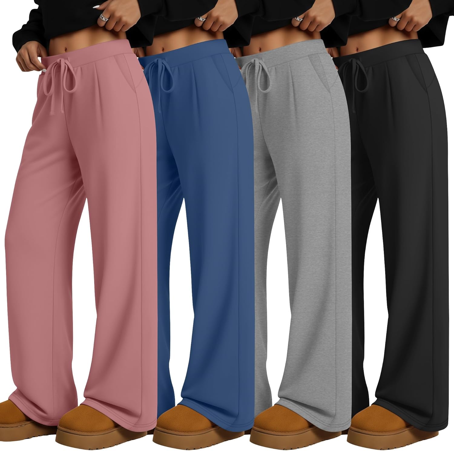 4 Pack Women's Lounge Pants Wide Leg Yoga Pants with Pockets Drawstring Workout Sweatpants Casual Jogger Multipack