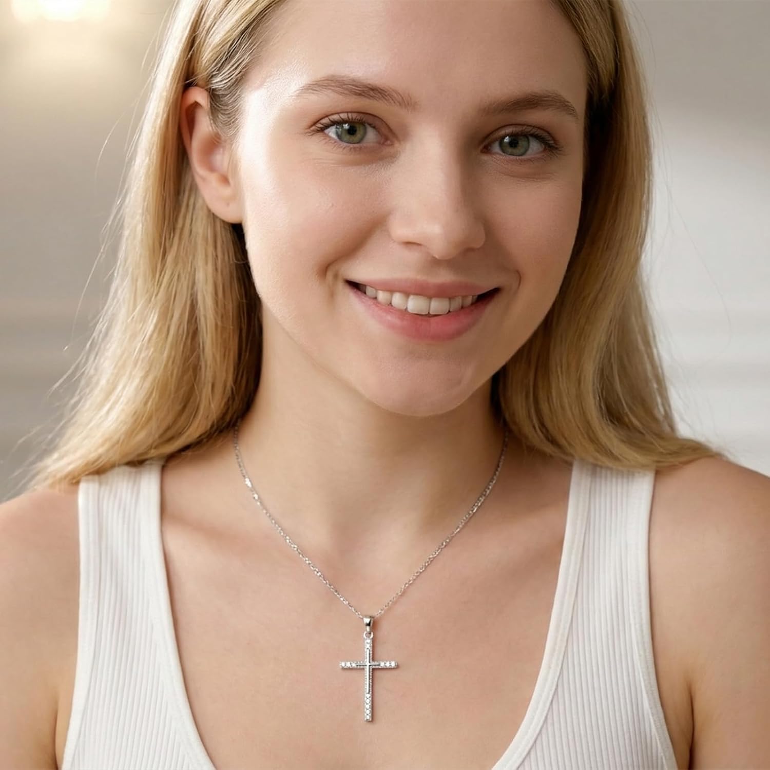 14K White Gold Cross Necklace for Women, Double-Sided Dainty Cross Pendant Necklace for Womens Elegant Faith Jewelry, Valentine’s Day Gift for Wife or Girlfriend or Mom - Image 5
