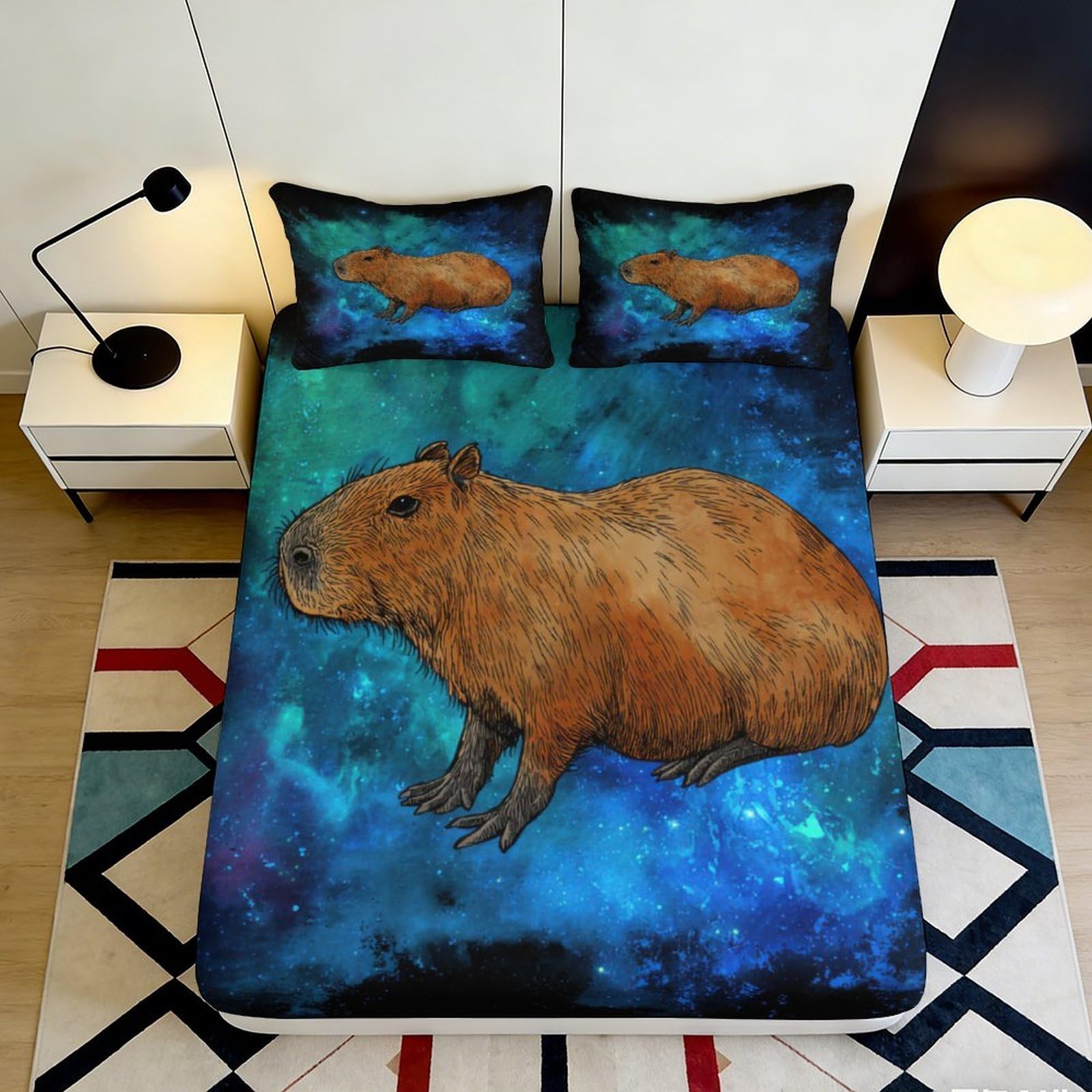 3D Printed Capybara Galaxy Fitted Sheet Microfiber Soft Blue Cosmic Nebula Mattress Cover for Bedroom Dorm Decor 90x200x25cm
