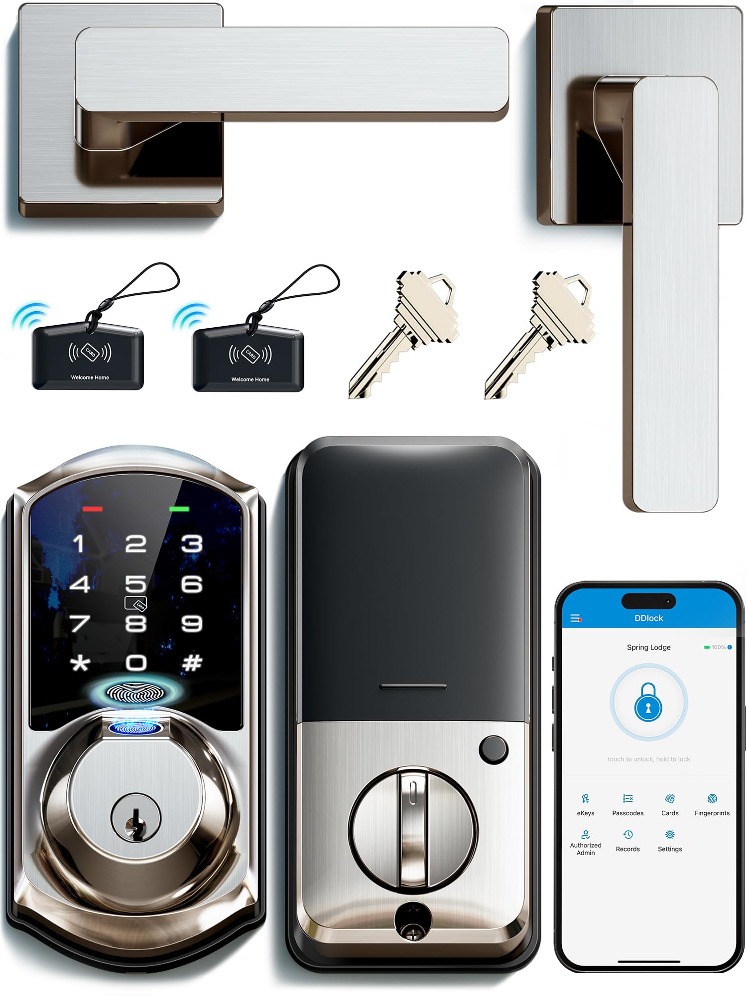 Veise VE07-L Fingerprint Smart Locks for Front Door with Zinc Alloy Handle Set, App Control, Keyless Entry, Electronic Digital Keypad Deadbolt, Auto Lock, Waterproof, Easy to Install, Satin Nickel