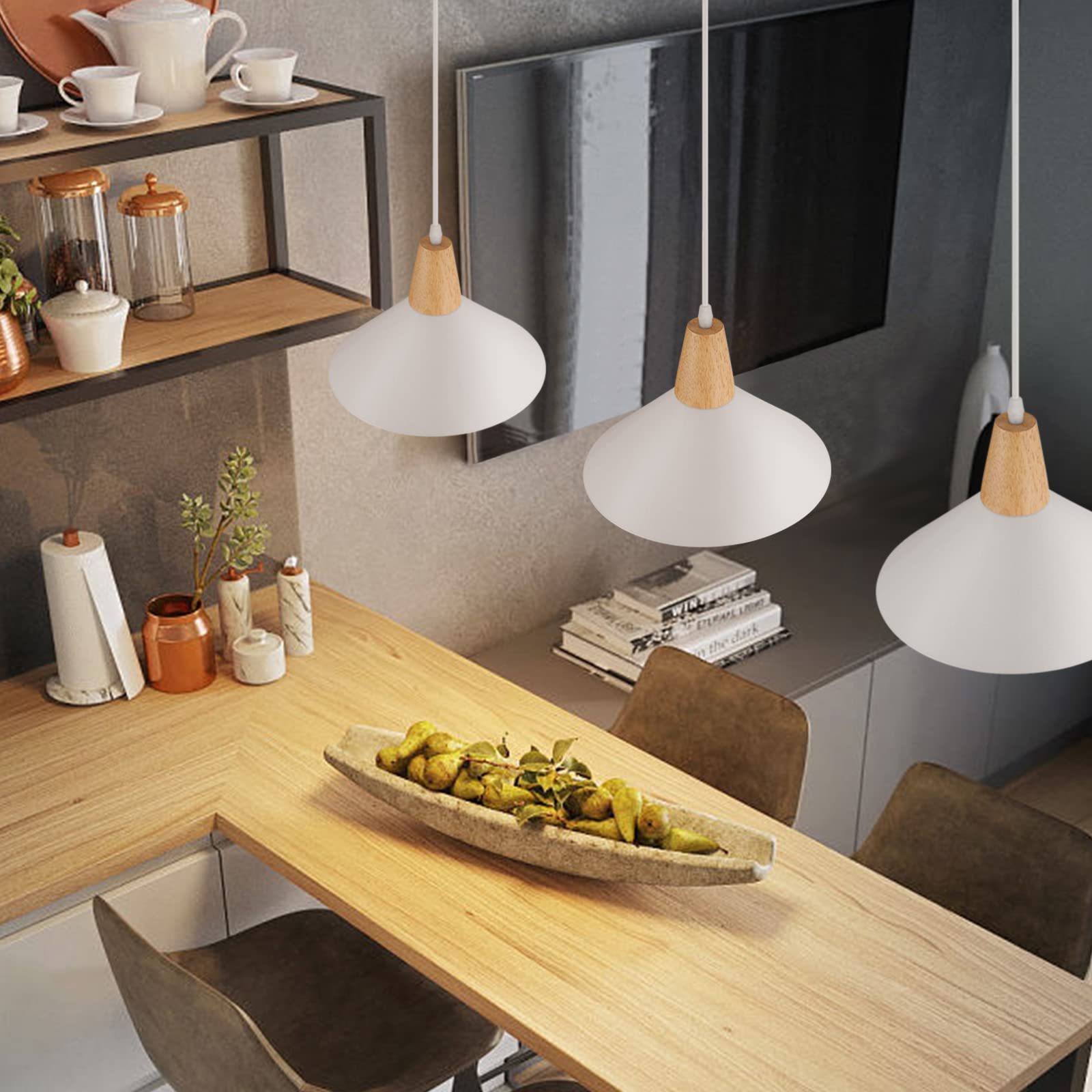 2 Pezzi Lampadario a Sospensione Moderno E27 Lampadari Industriale Ø25cm Paralume Metallo Lampade a sospensione Legno per Cucina Sala da Pranzo Sala Caffè, Bianco