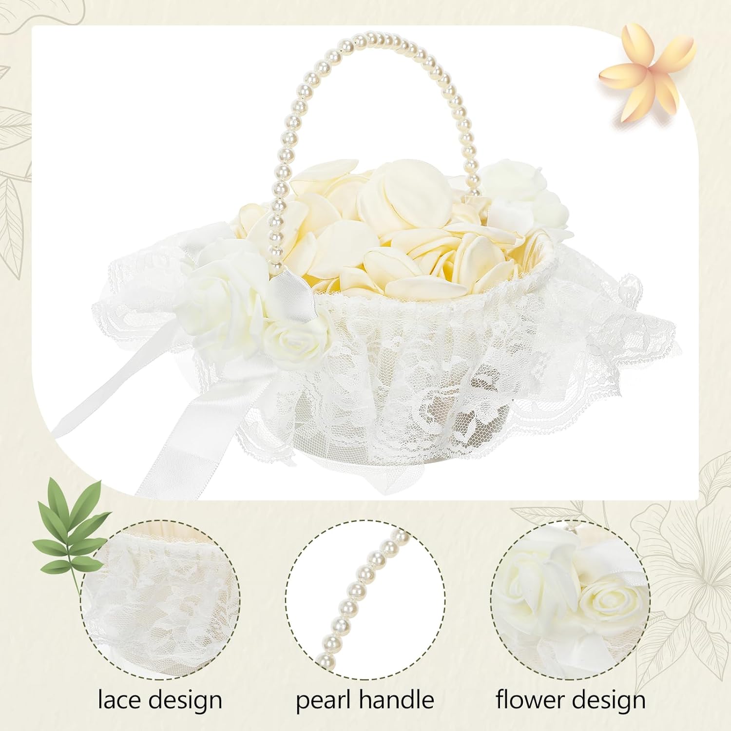 2 Packs Wedding Flower Girl Baskets with 300 Pcs Silk Petals, Pearl Handle and Ribbon Bow, White Lace Satin Elegant Storage Flower Girl Baskets for Wedding Bride Ceremony Party Accessories
