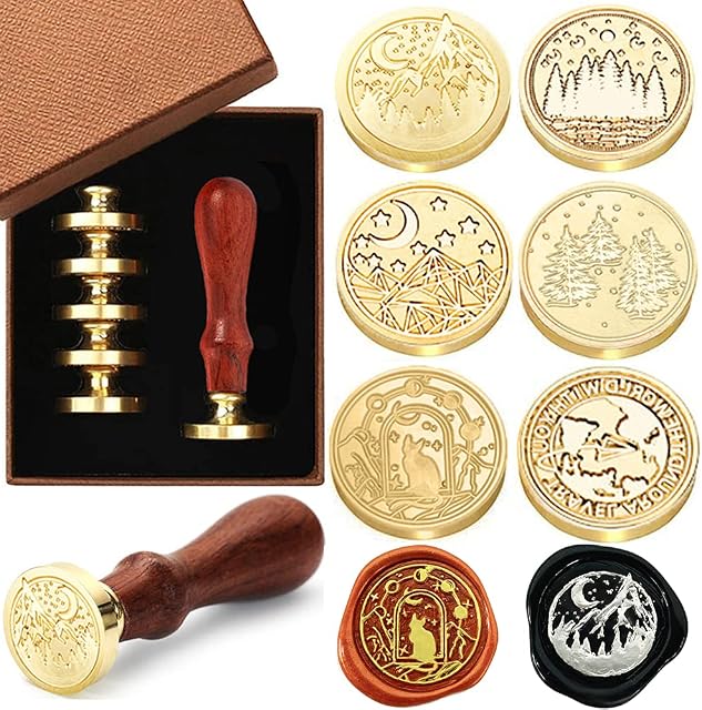 Wax Seal Stamp Set, 6 Pieces Sealing Wax Stamps Copper Seals 1 Wooden Handle, Wax Stamp Kit for Cards Envelopes, Invitations, Wine Packages (World)