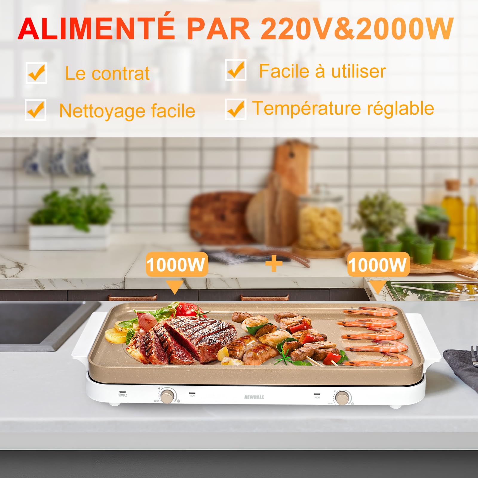 AEWHALE 1000W+1000W Plaque de Cuisson Electrique 2 Feux Doré | Plaque de Gril Amovible Antiadhésive en Céramique, Température Réglable pour Le Jardin, la Cuisine à Domicile et Le Camping