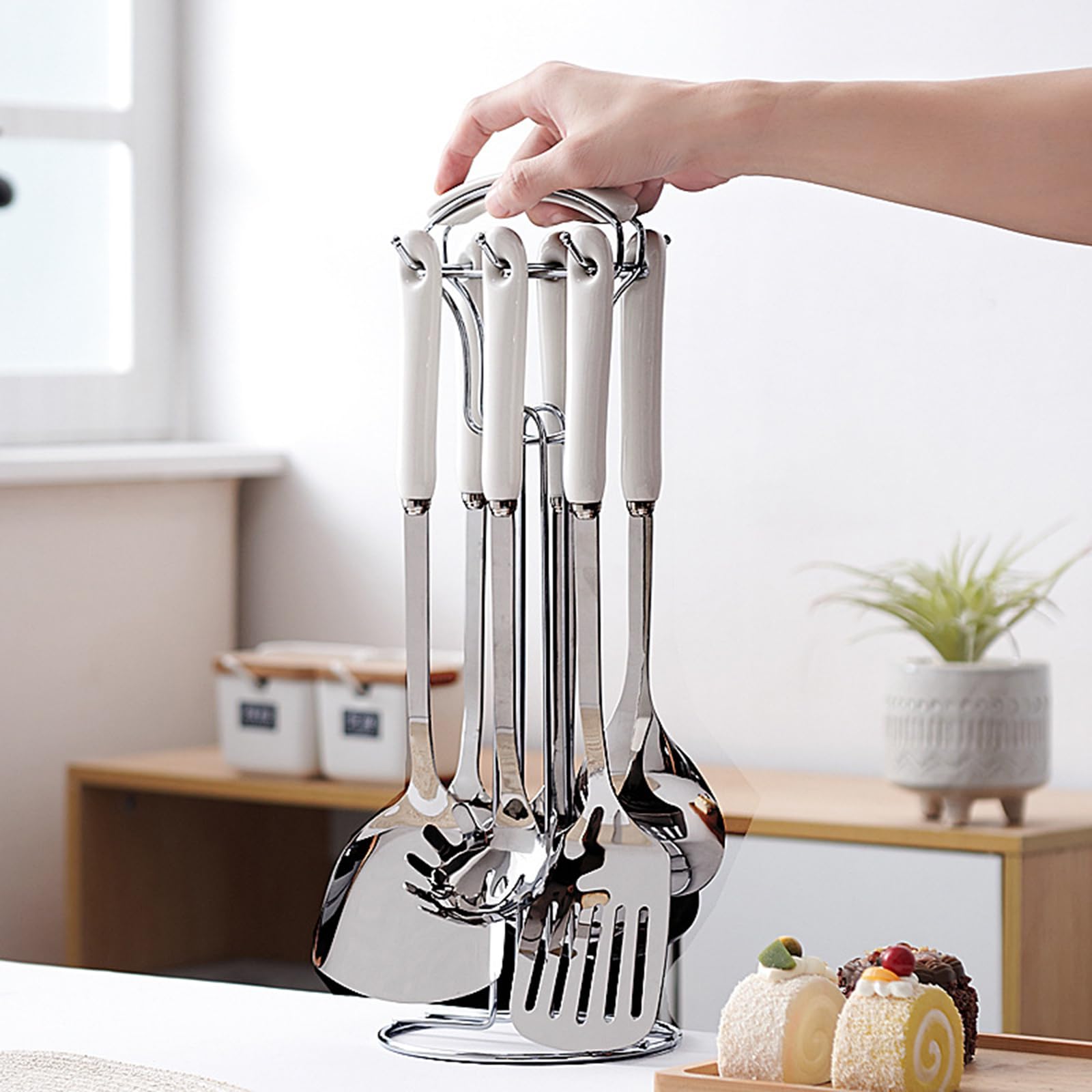 Juego De 7 Utensilios De Cocina De Metal, Juego De Utensilios De Cocina De Acero Inoxidable 304 Pulido Espejo con Soporte, Mango De Cerámica Resistente Al Calor, Apto para Lavavaji