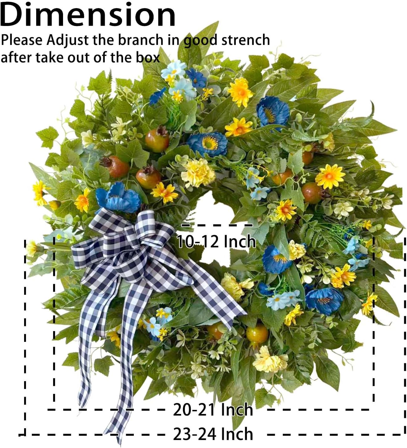 WANNA-CUL 24 Inch Year Round Spring Summer Wreaths for Front Door, Blue Yellow Floral Door Wreath with Pomegranates Daisy - All Season Decorative Wedding Wall Wreath Indoor Outdoor Farmhouse Decor