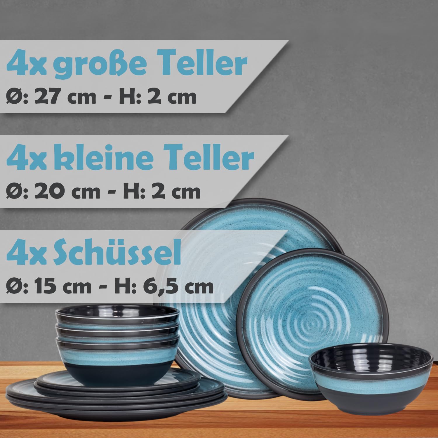 12-częściowy zestaw naczyń kempingowych z melaminy dla 4 osób | nadaje się do mycia w zmywarce | piknikowy zestaw naczyń | naczynia kempingowe I Stone Blue Design