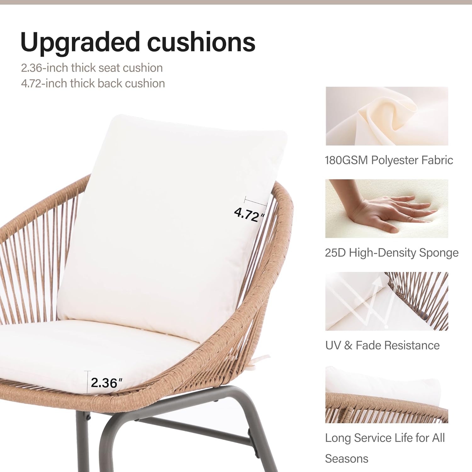 LAUSAINT HOME Patio Furniture Set of 2, Breathable Bohemian Outdoor Rope Woven Furniture Set with High Back and Soft Cushion, Suitable for Backyard, Balcony, Wicker