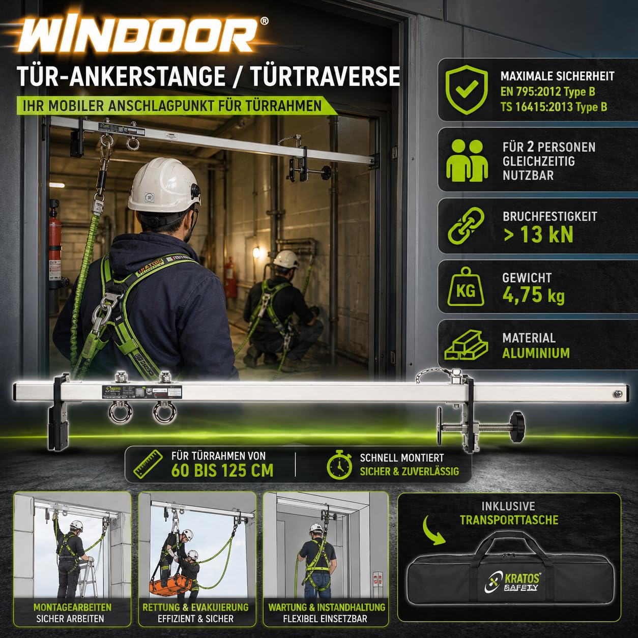 Kratos Safety Tür-Ankerstange, Türtraverse, inklusive Transporttasche, 60-125 cm, für 2 Personen, PSA, EN795