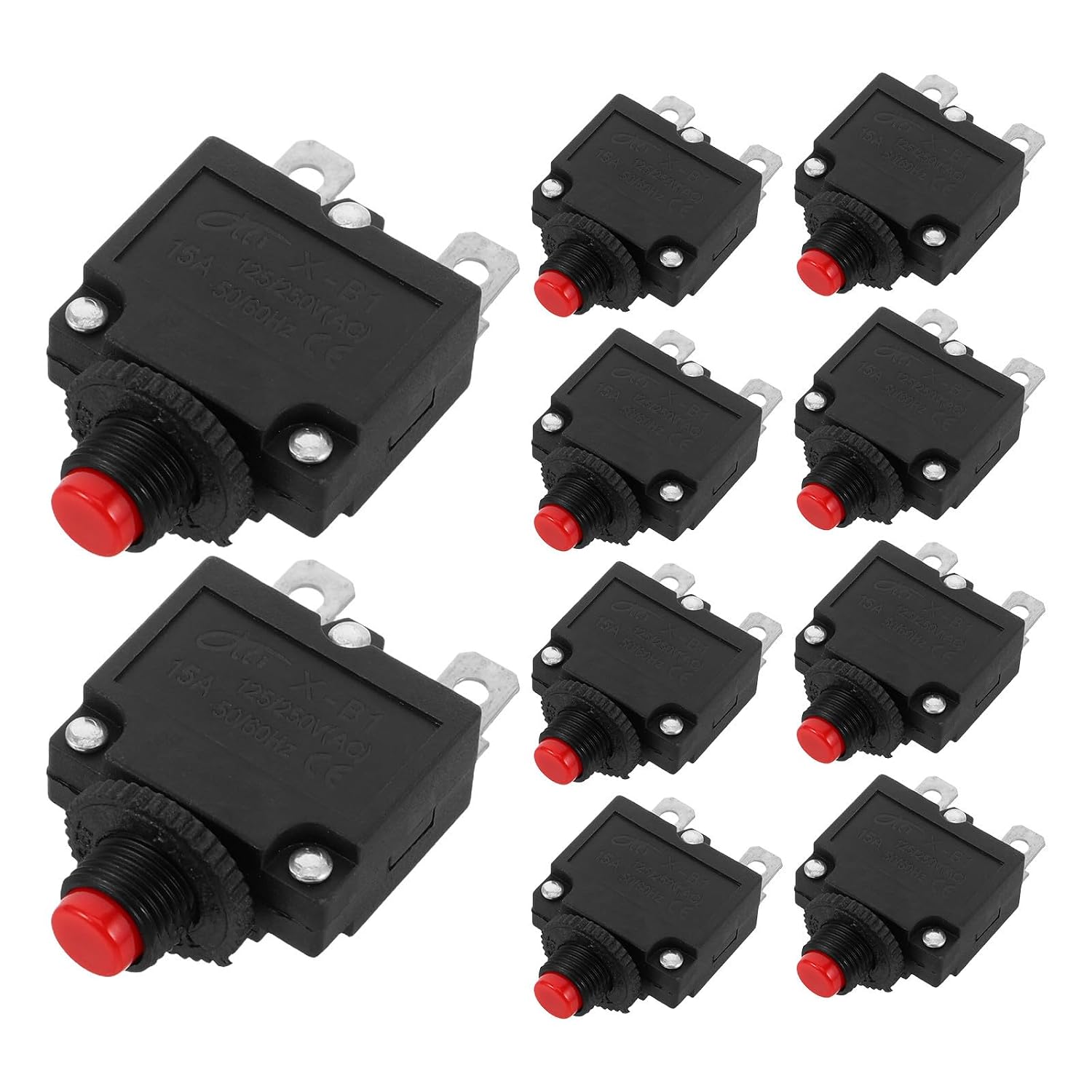 Toddmomy 10pcs Manual Reset Thermal Overload Protector Circuit Breaker with Push Button and Quick Connect Terminals for Electric Motor and Industrial Circuits, Black Plastic and Metal,