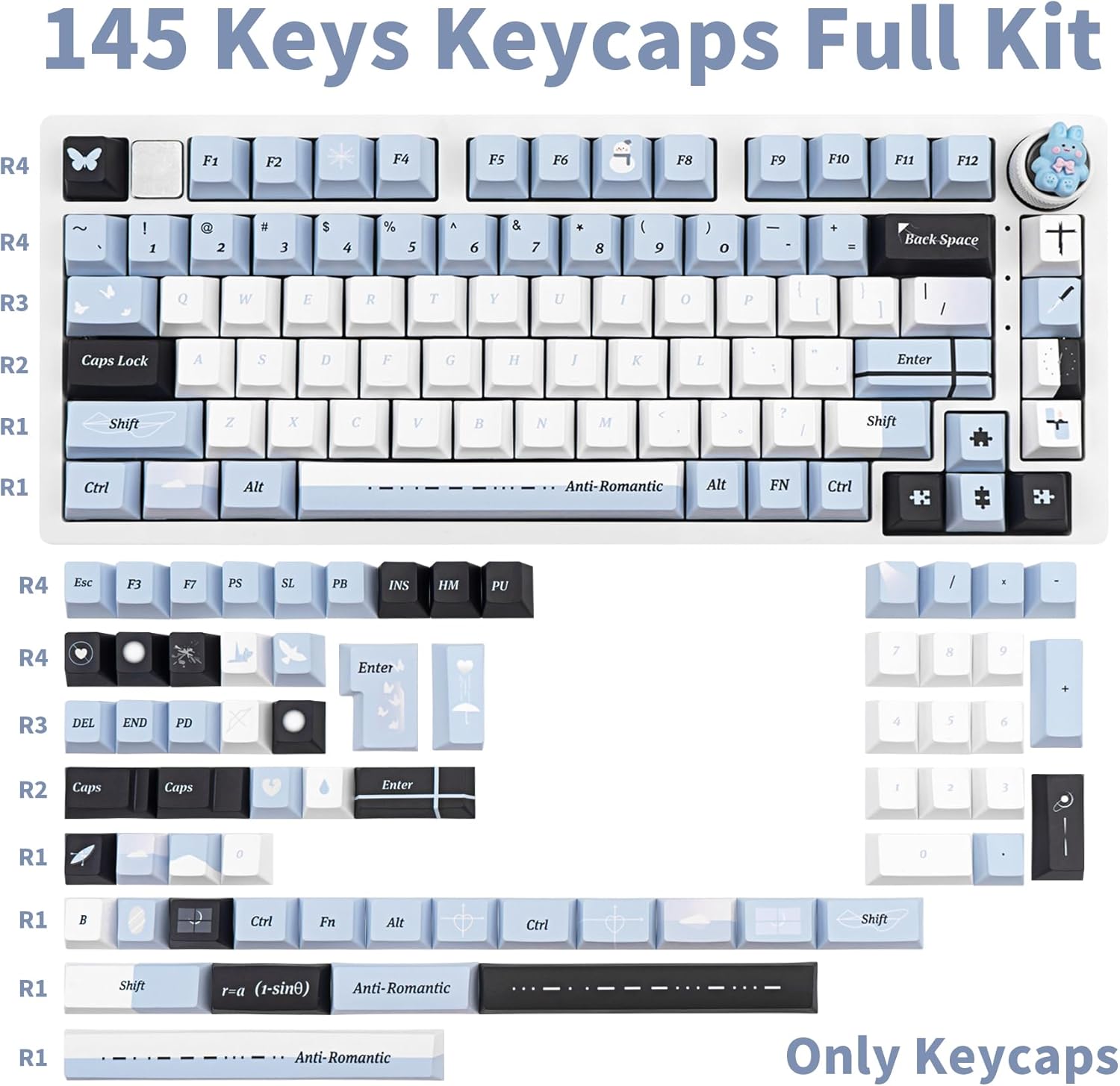 5 Side Dye Sublimation PBT Keycaps, Blue White Black Keycaps 60 65 75 100 Percent, Cute Key caps Custom 145 Keys, Cherry Profile for 61/68/84/87/98/100 Cherry Gateron MX Mechanical Keyboard