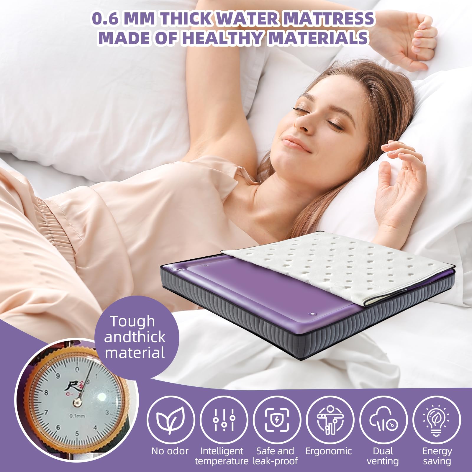 Free Flow Full Wave Waterbed Mattress, Waterbeds Double Exhaust Hole, Ergonomic Design Softside Water Mattress for The Elderly, Children and Adults (Queen - 60