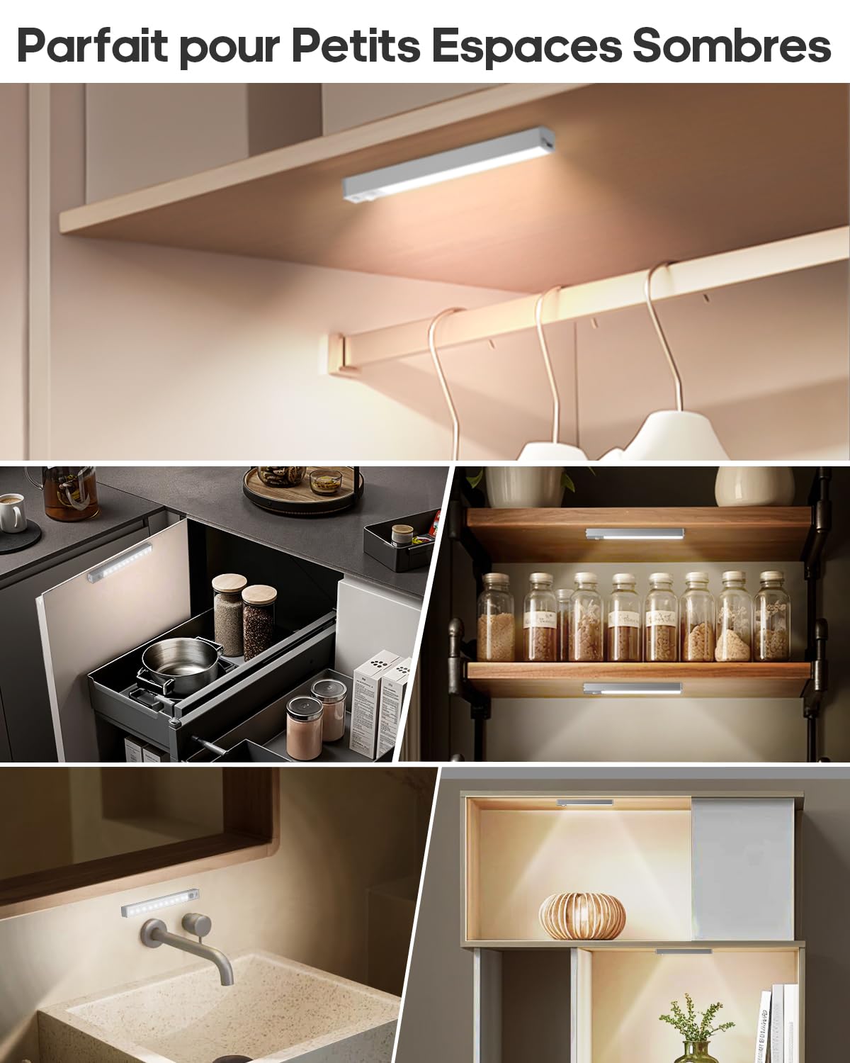 GOODEA Lampe de Placard LED Rechargeable 18cm Sans Fil Avec Station de Chargement, 6 Pcs Réglette LED Lumiere Armoire Détecteur de Mouvement Pour Armoire à Linge, étagère à Livres, Escalier, Couloir