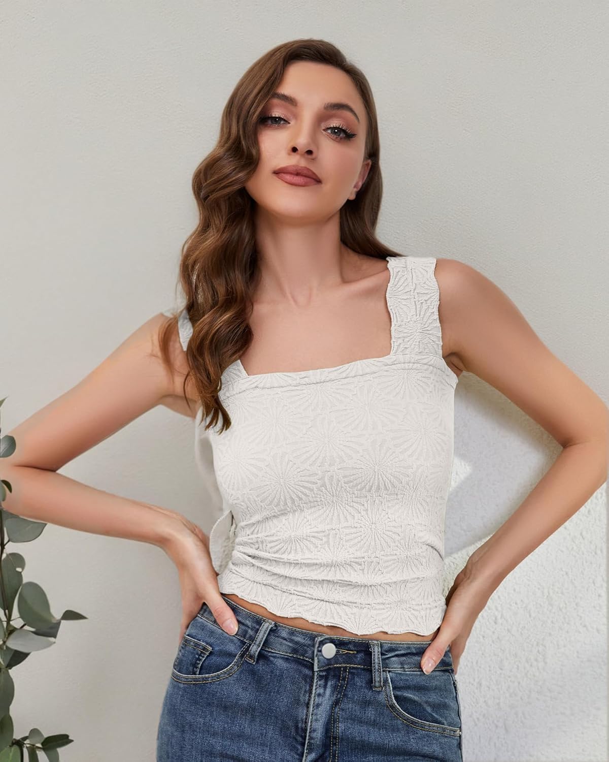 MISSACTIVER Women Square Neck Wide Straps Crop Tank Tops Casual Floral Sleeveless Lettuce Trim Slim Fit Crop Cami Vest Tops - Image 9