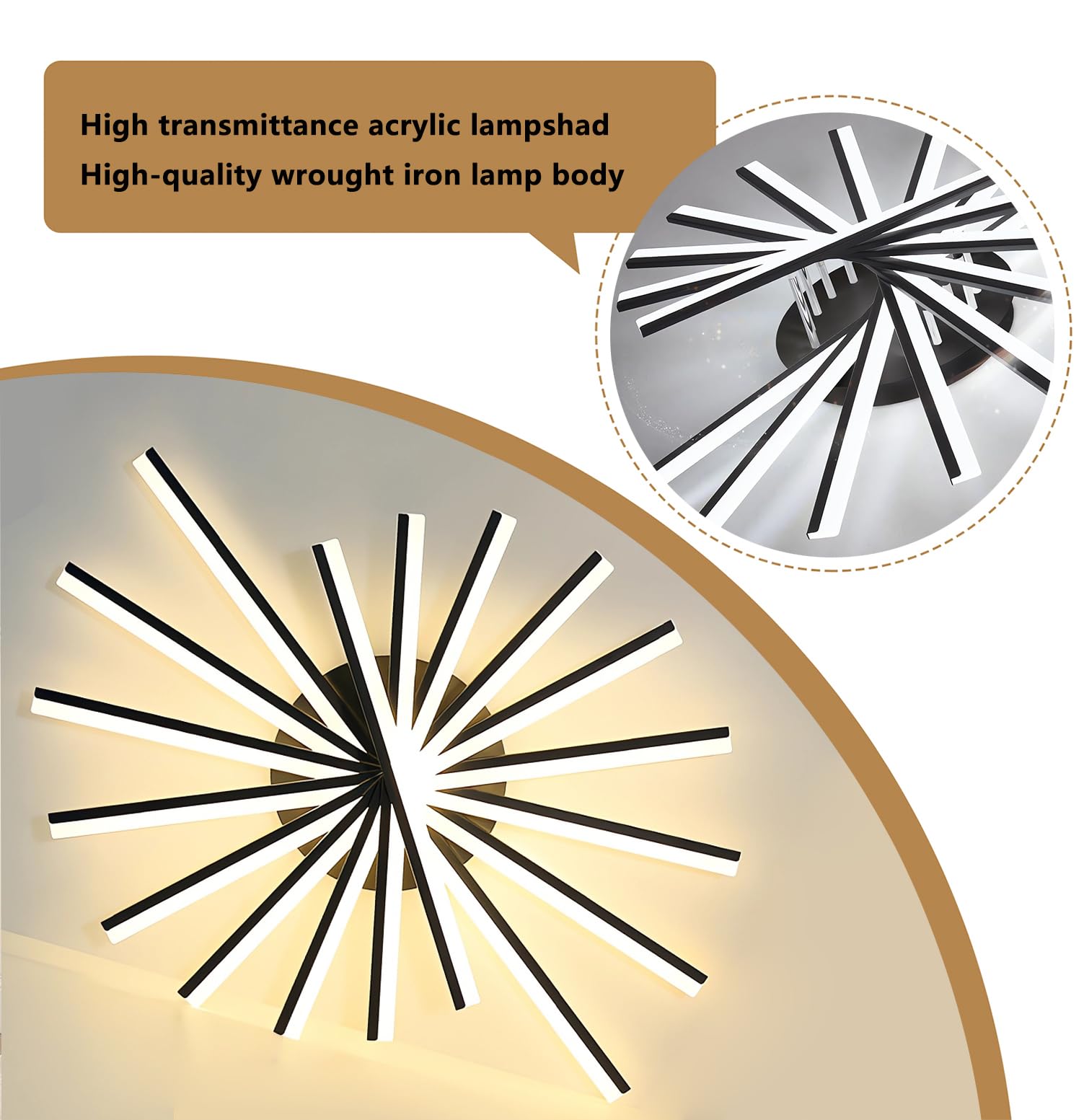 Dimmbare LED Wohnzimmerlampe Große Moderne Deckenleuchte Kreative Feuerwerk Design Deckenlampe mit Fernbedienung Augenpflege Esszimmer Schlafzimmer Deckenbeleuchtung (Schwarz, 9-Flammen,120W,120cm)