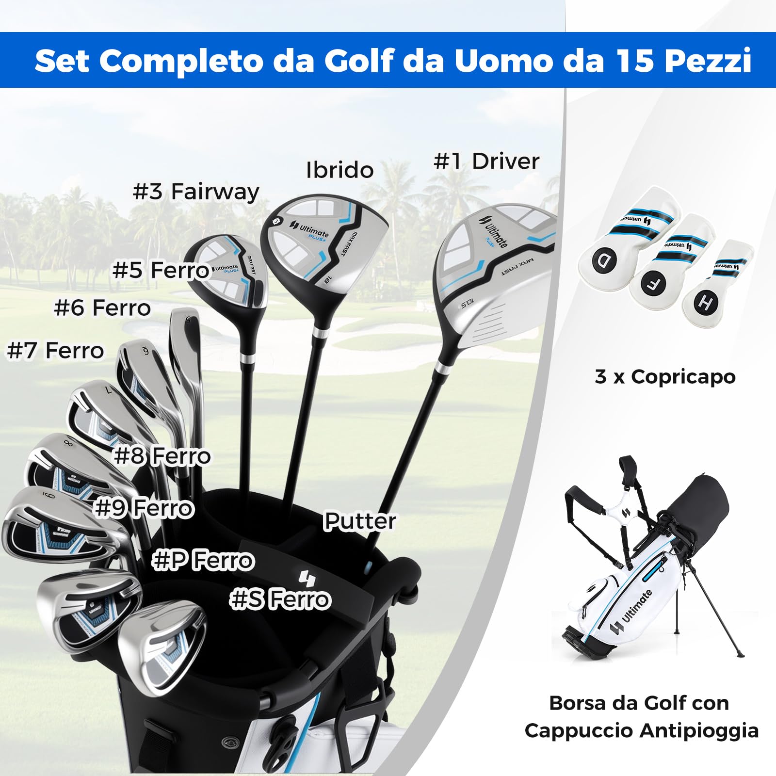 COSTWAY Set Completo di Mazze da Golf con Sacca a Treppiede, Include con Driver 1 da 460CC, Legno 3, Ibrido, Ferri 5, 6, 7, 8, 9, P, S, Putter e Copertura Antipioggia per Destrimani