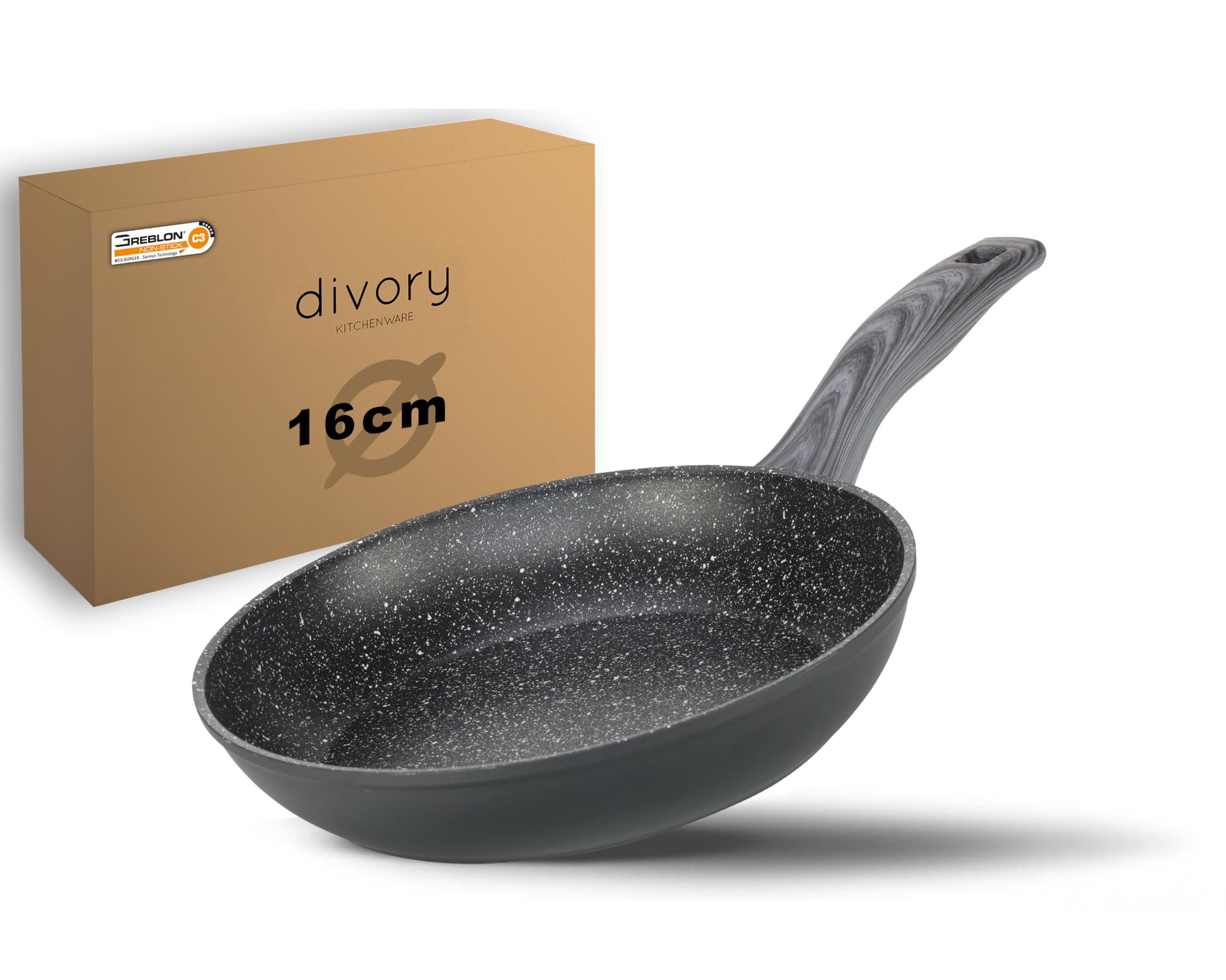 DIVORY Bratpfanne 16cm kein Induktion – Antihaft Beschichtete kleine Universalpfanne für alle Herdarten - Sichere Griffe (Graues Holz, 16cm)