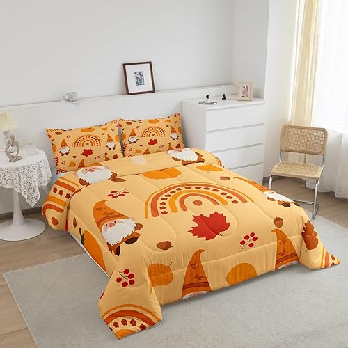 Miniatura 2 de Juego de edredón de calabaza otoñal, tamaño Queen, diseño de arco iris, caricaturas, hojas de arce, juego de edredón para niños y niñas, juego de