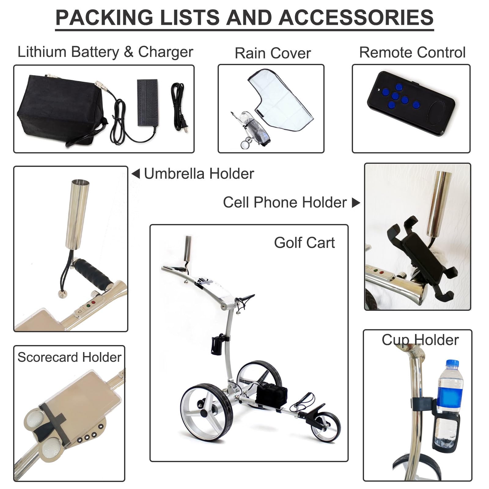 Carrito de golf eléctrico de 3 ruedas con control remoto, plegable con soporte para teléfono celular y soporte para paraguas, carrito de doble motor para un fácil transporte de golf