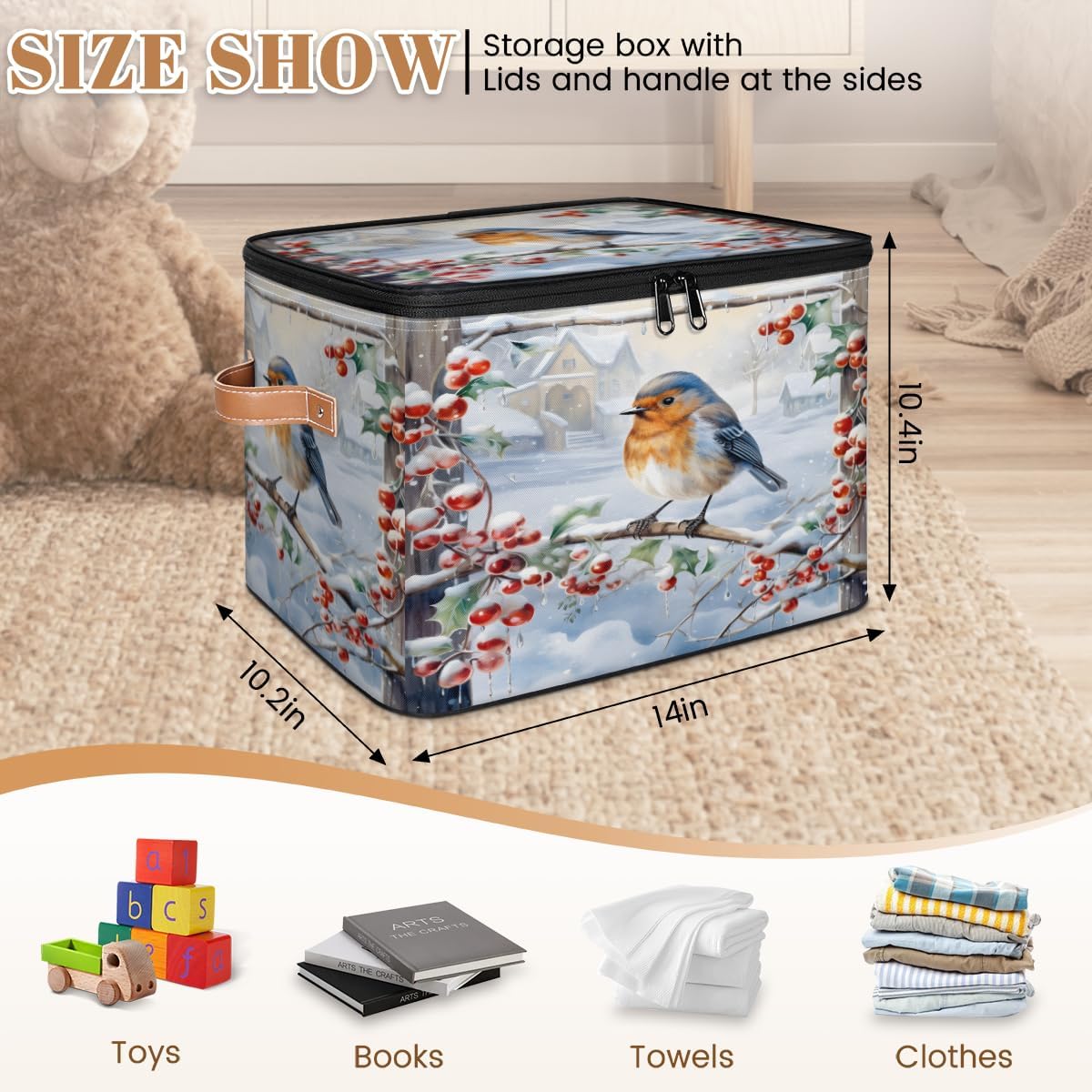 Storage Bin Set of 2 Winter Birds Storage Basket with Zipper Lid & Handle Foldable Closet Shelf 2 Pack Cloth Organizer Basket Cube Bins Clothes Organizer for Bedroom, Nursery