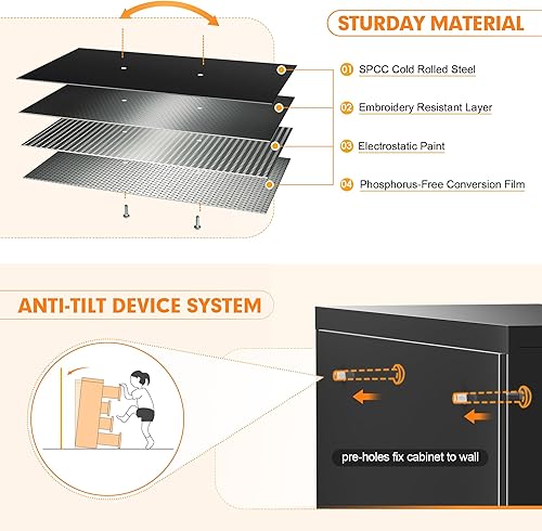 Miniatura 18 de INTERGREAT Archivador lateral de 4 cajones, archivador lateral blanco con cerradura, archivadores horizontales de acero metálico para oficina