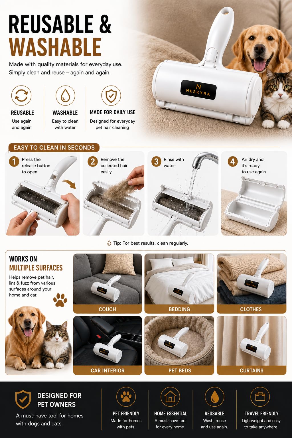 NESKYRA Pet Hair Remover Roller, Reusable Lint Roller for Pet Hair, Couch, Furniture & Clothes view 5