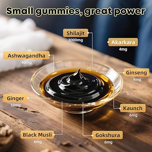 Miniatura 5 de Gomitas Shilajit Shilajit puro del Himalaya ricas en Ashwagandha Gaulshura ácido fúlvico 85 micronutrientes adecuados para hombres y mujeres, sin
