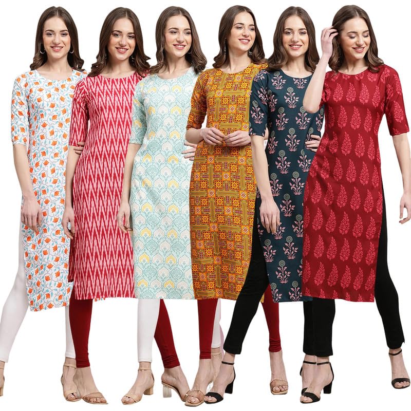Image of Pinkmint Printed Kurti for Women's ll Straight Kurtis for Women's ll Stylished Kurti (Pack of 6)