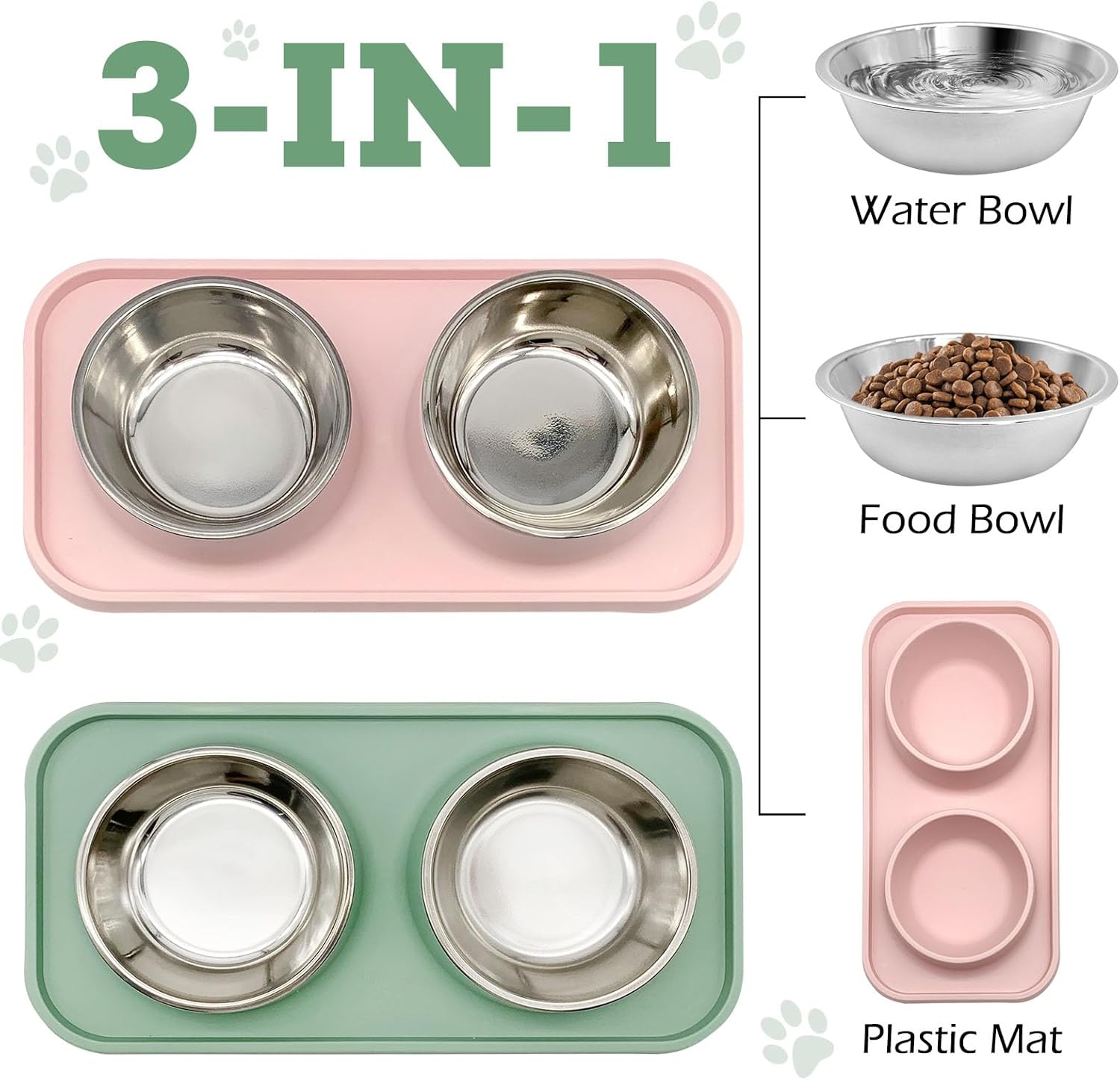 BNOSDM 2 Pcs Double Dog Food Bowls, Stainless Steel Small Dog Food and Water Bowls with Non-Spill Plastic Mat, Pet Cat Feeder Dish Set for Puppy Cats Kitten, Pink and Green