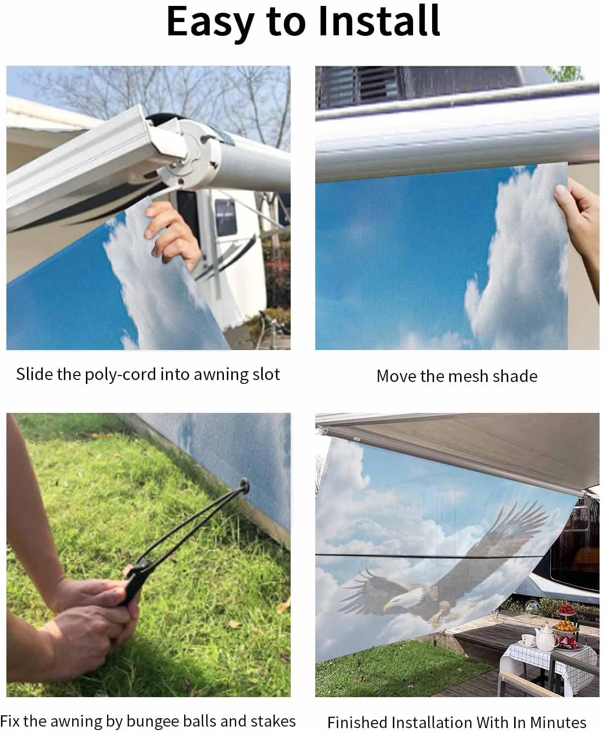 RV Awning Sun Shade Screen 9'X15.3' Eagle Mesh Sunscreen Freedom Blue Sky Cloud Awning Shade Screen with Zipper UV Blocker Completed Kits Universal Outdoor Canopy for RV Motorhome Camper Travel