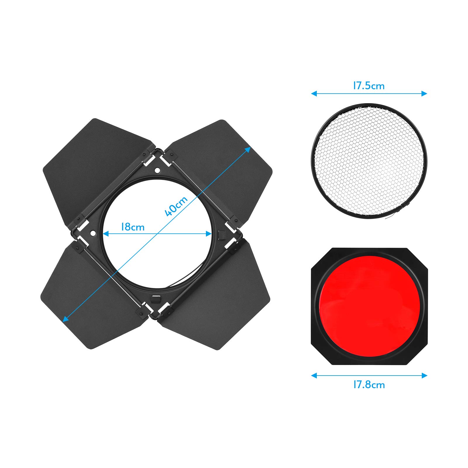 Godox BD-04 Barn Door Barndoor Kit avec grille en nid d'abeille 4 filtres en gel de couleur pour réflecteur standard de 7 pouces de rechange pour GODOX SL60W SL150II SK400II Studio Light Portrait