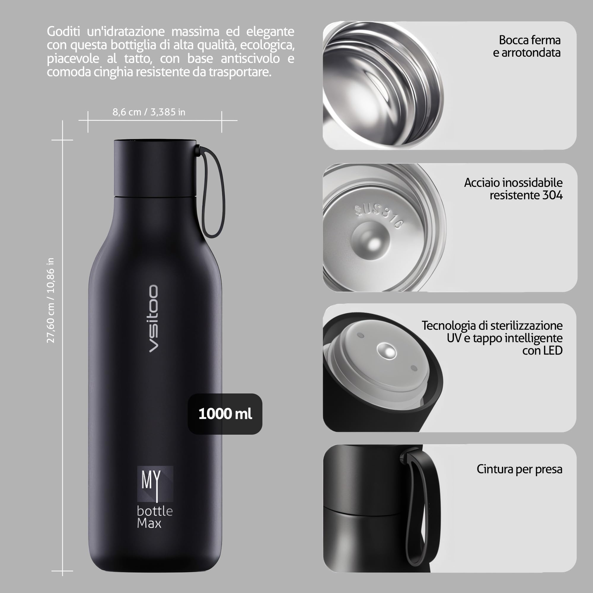 Borraccia in acciaio inox, autopulente, con raggi ultravioletti, sensore di temperatura, borraccia termica, promemoria di idratazione, 1000 ml, borraccia per palestra, senza BPA