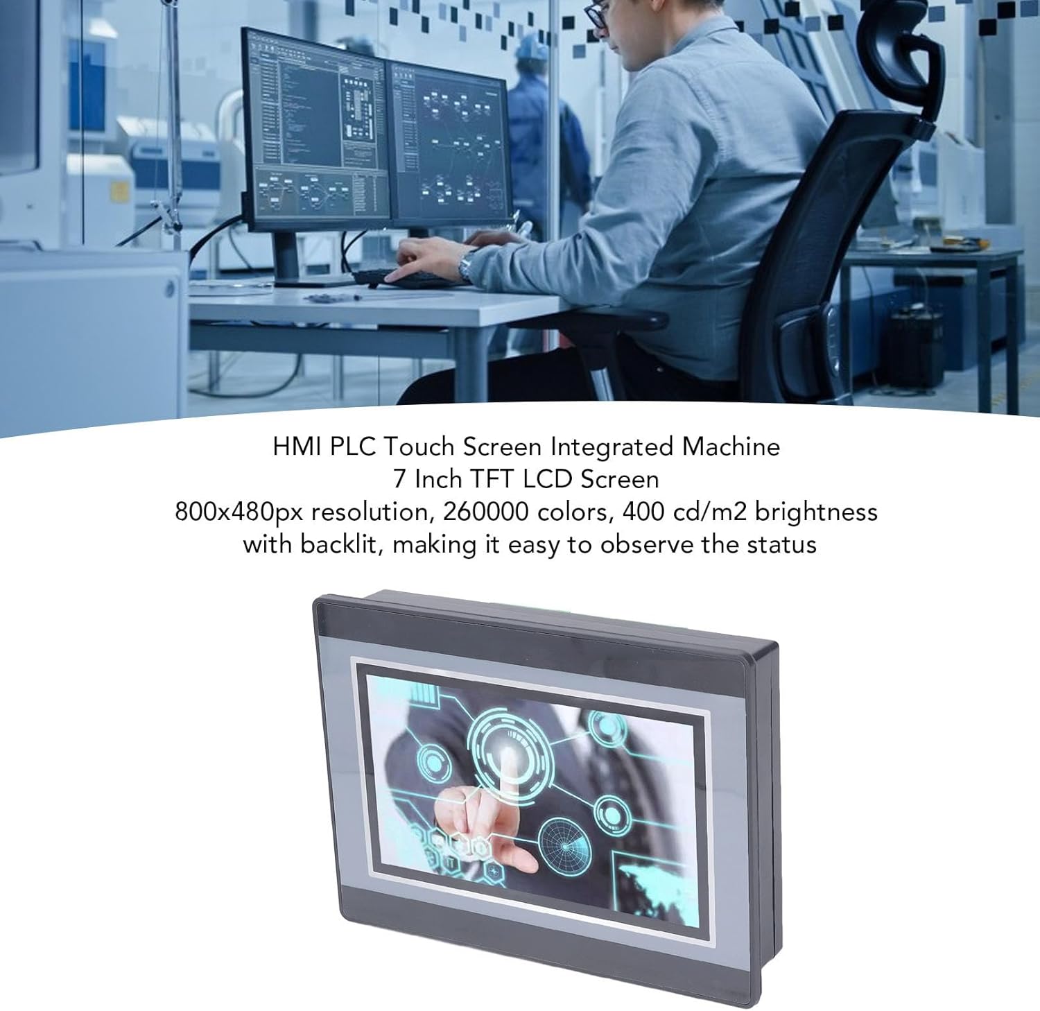 Engineer working at a desk with two monitors and the Walfront HMI PLC unit