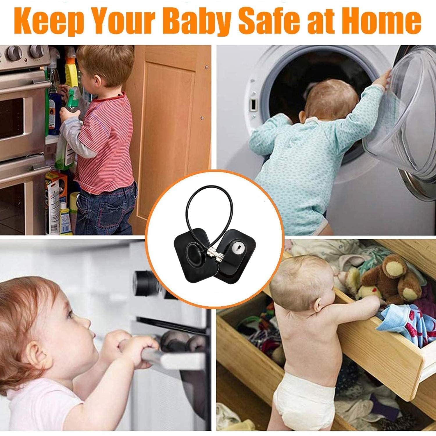 VBM Child Safety Device Refrigerator Door Lock with Key and Adhesives, Cabinet Restrictor Cable for Baby and Toddler, Lock for Cupboards, Drawers, Fridge, Wardrobe 4