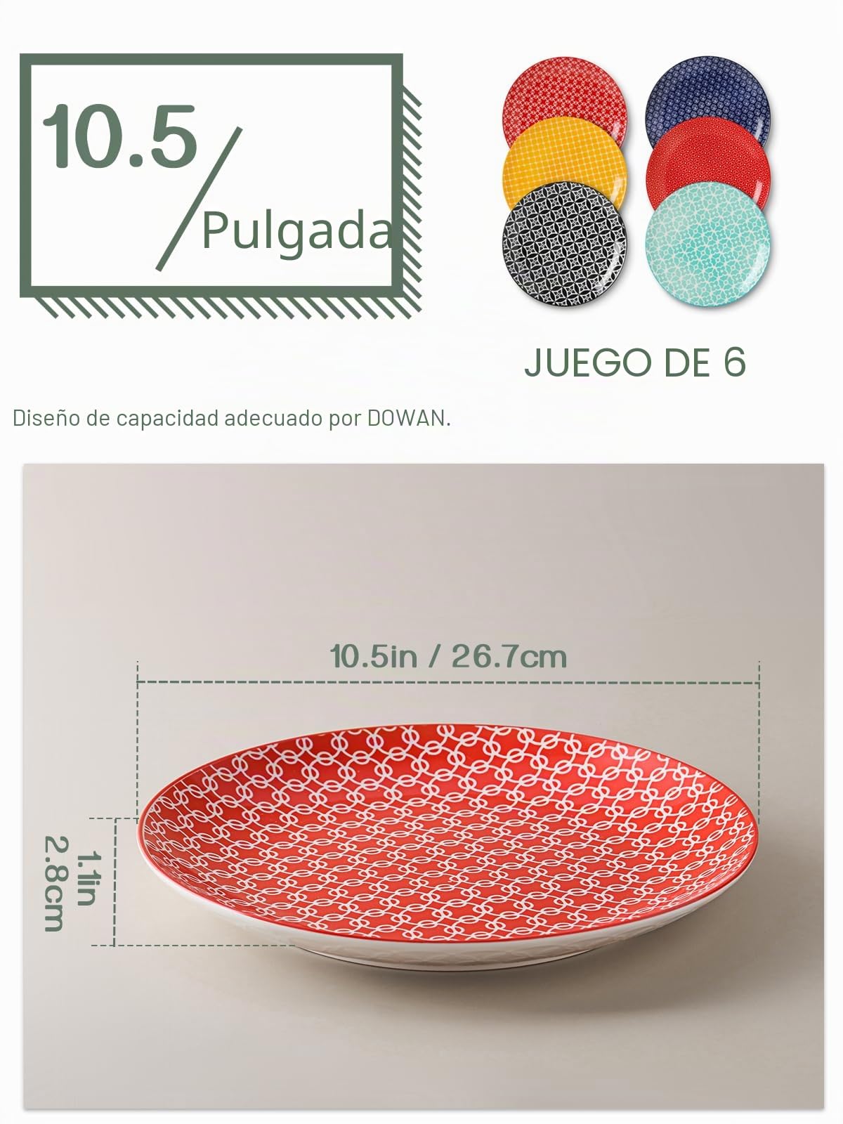 DOWAN Platos de cerámica de 10 pulgadas, juego de platos de ensalada de pasta de porcelana, platos de servir para Acción de Gracias y Navidad, juego de 6, duraderos y grandes, colores vibrantes